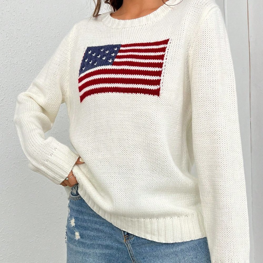 White Casual Womens Flag Pattern Sweater - Picture 2 of 5
